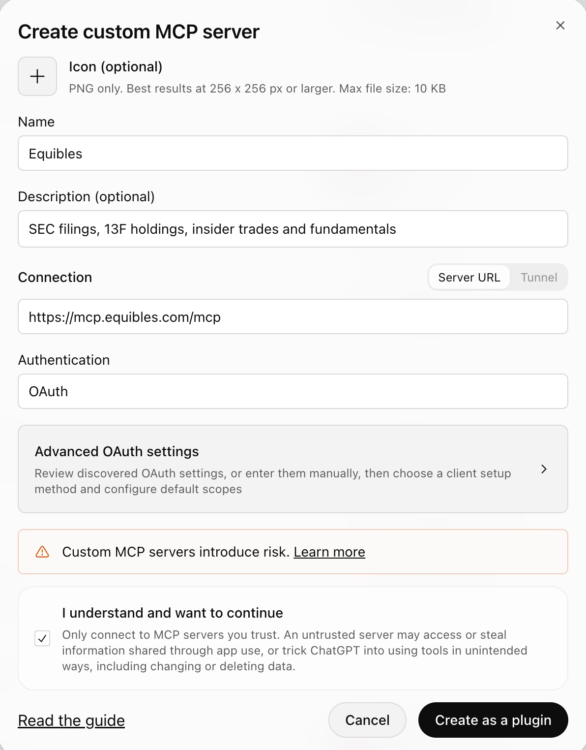 The Create custom MCP server dialog filled in with the Equibles server URL