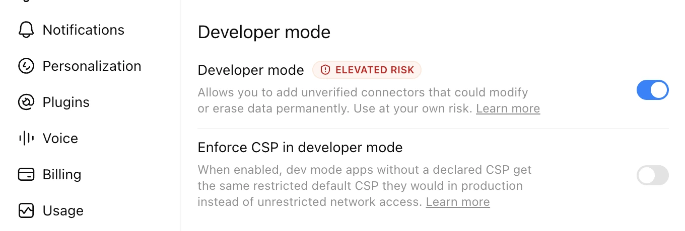 The Developer mode toggle under Security and login
