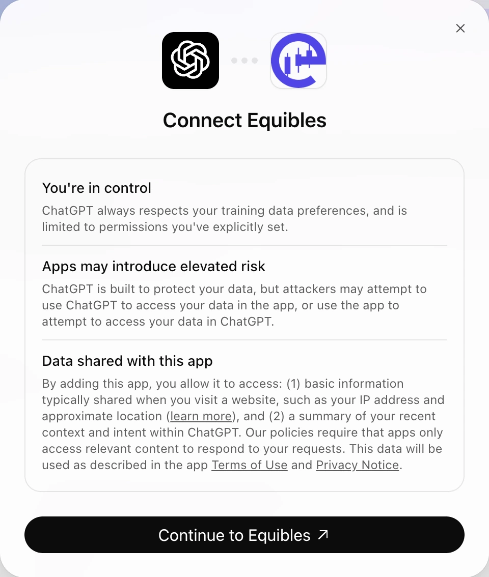 The Connect Equibles dialog with the Continue to Equibles button