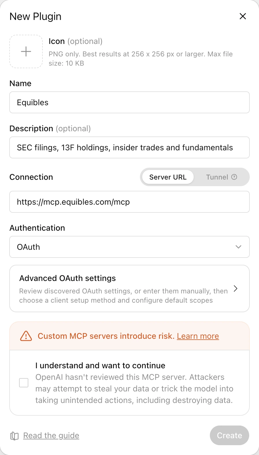 The New Plugin dialog filled in with the Equibles server URL