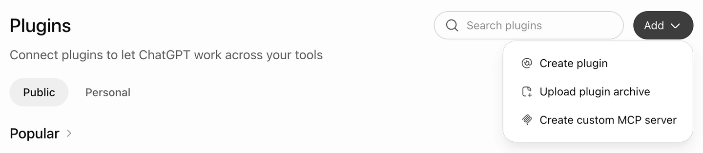 The Plugins page with the Add menu open on Create custom MCP server