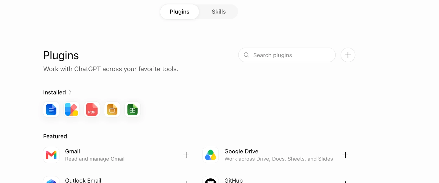 The Plugins page with the plus button beside the search box