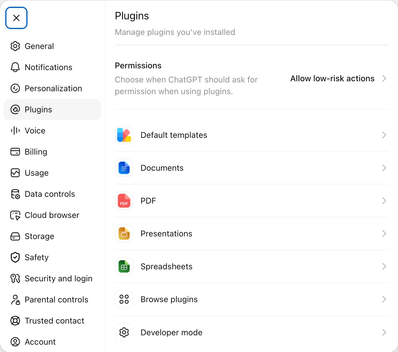 ChatGPT Settings with the Plugins section open