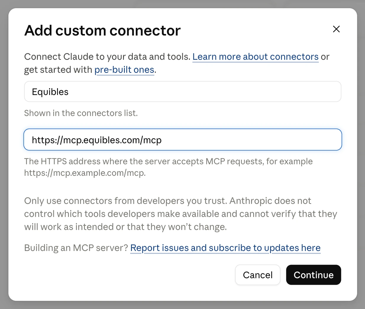 The Add custom connector dialog filled in with the Equibles server URL