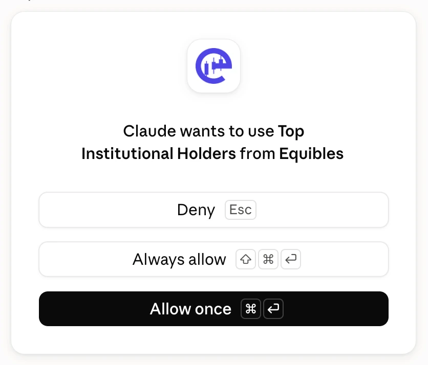 Claude asking permission to use the Top Institutional Holders tool from Equibles