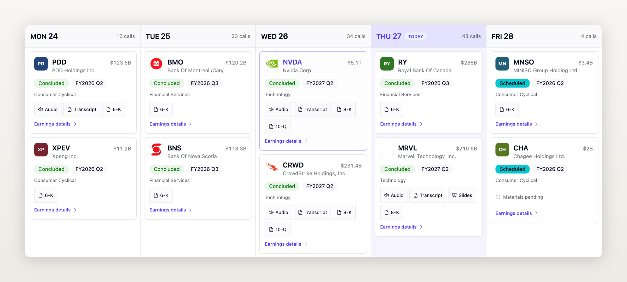 The weekly earnings calendar with search filters and direct links to transcripts, audio, slides and source filings.