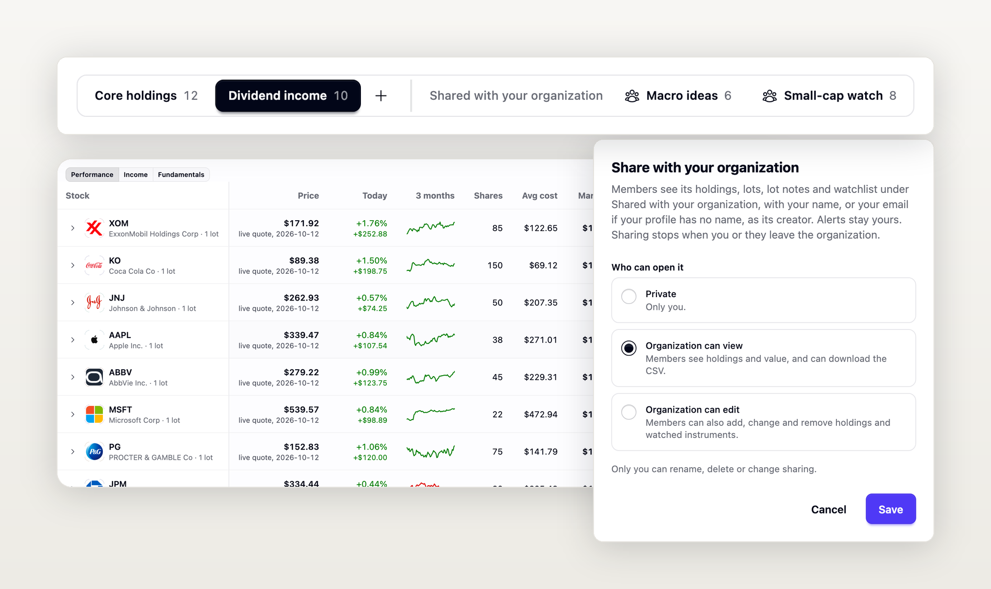 A portfolio switcher with your own portfolios and two under Shared with your organization, the holdings of a dividend portfolio, and the Share with your organization dialog set to Organization can view.