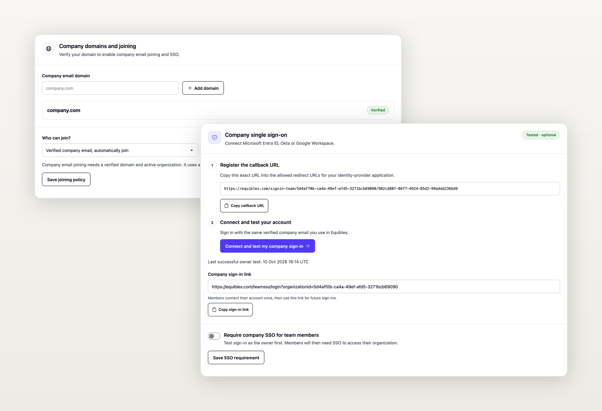 Company access settings: a verified company domain with automatic joining for verified company emails, and the single sign-on setup with its callback URL, a tested owner sign-in and the option to require company sign-in.