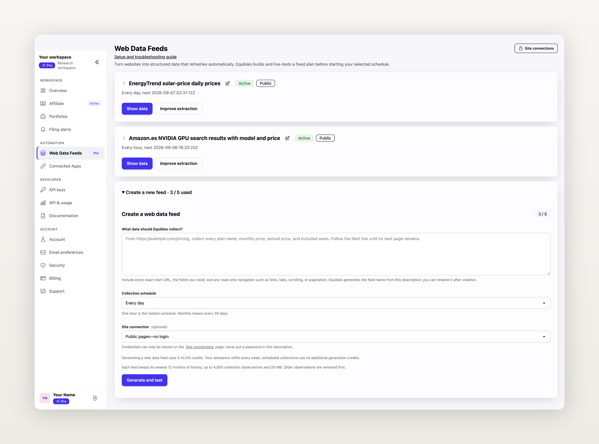 The redesigned Web Data Feeds workspace showing the dashboard side navigation, two active recurring feeds with their next collection times, and the feed creator with its schedule and site-connection fields.