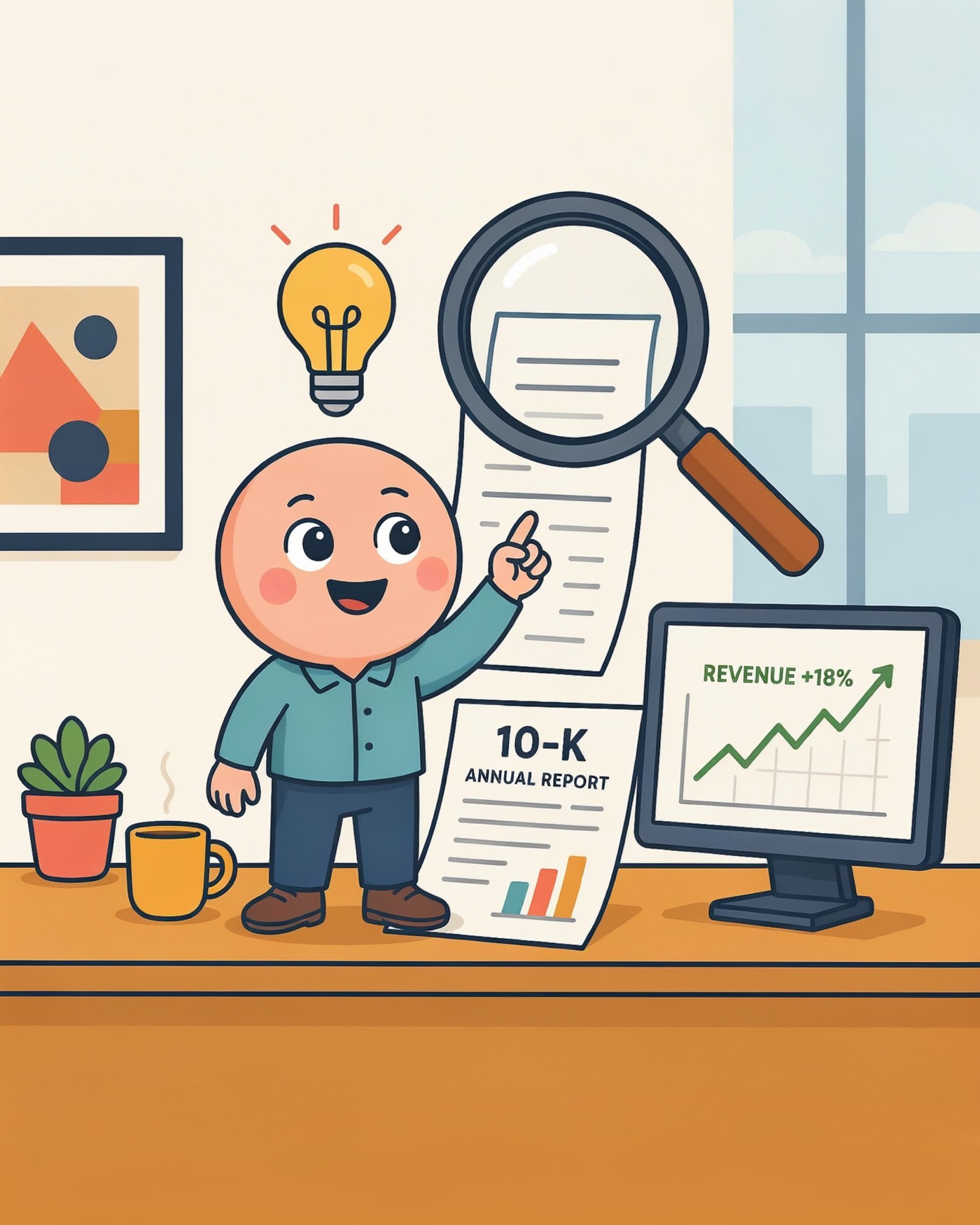Illustration of an investor pointing at a 10-K annual report beside a revenue chart