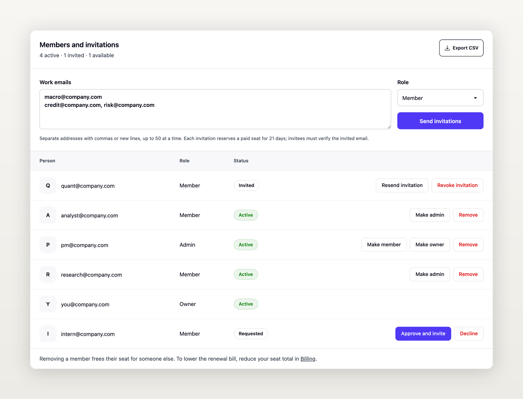 The organization Members page: three work emails pasted into the bulk invitation box, and a member list with owner, admin and member roles, an invited colleague and a join request waiting for approval.